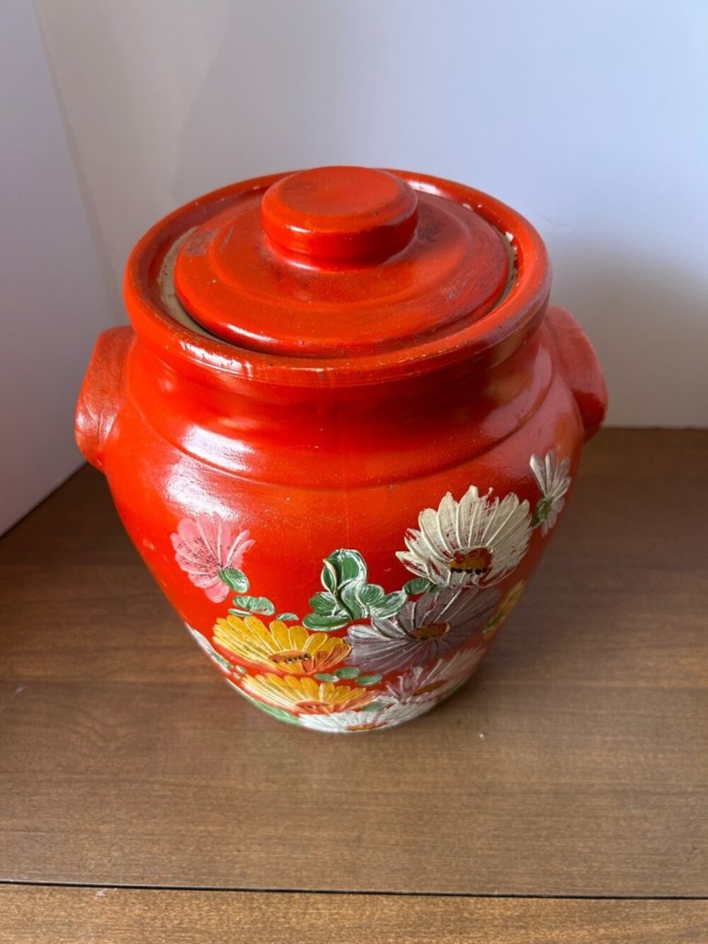 Vintage 1930’s Ransburg Pottery Red/Burnt Orange Hand Painted Cookie Jar Large